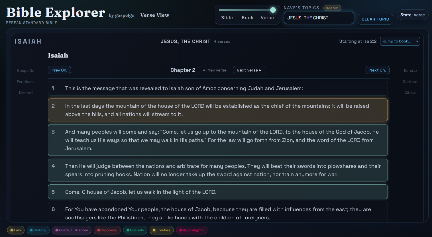 Bible Explorer feature, shows verse view of the Bible