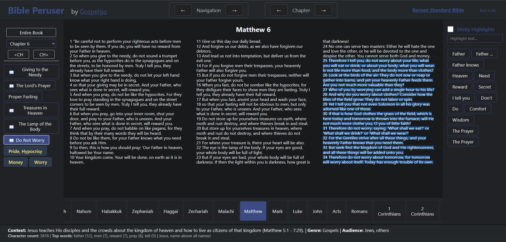Bible Peruser feature, shows outline of each chapter