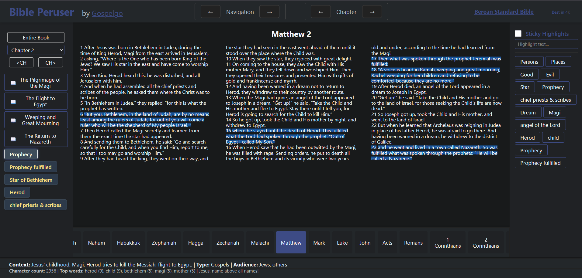 Bible Peruser feature, shows custom verse sections