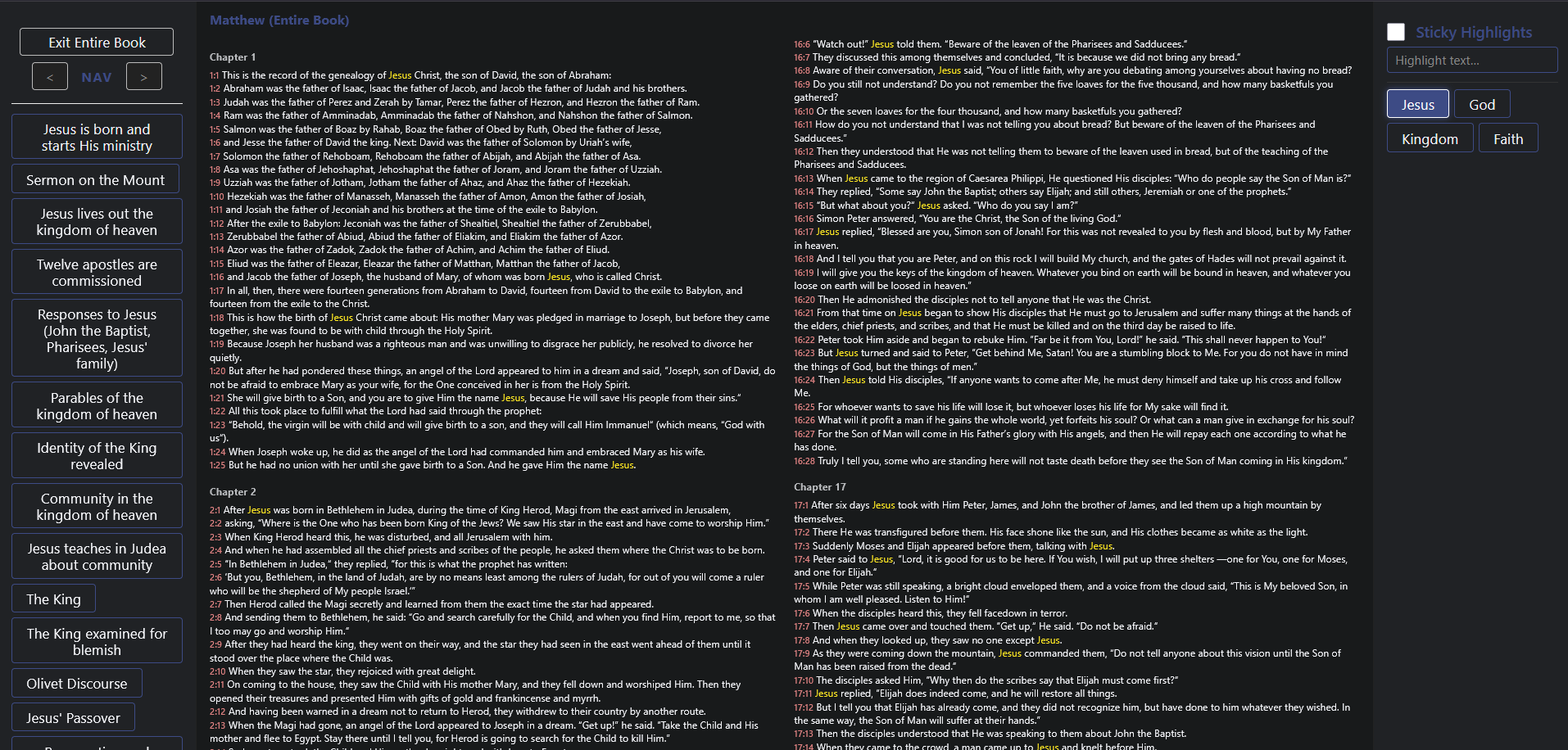 Bible Peruser feature, shows book view of the Bible